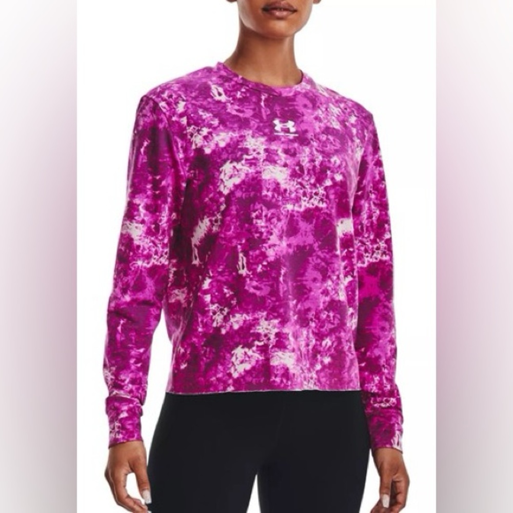 Under Armour Rival Terry Print Long Sleeve Shirt Pink Purple White Tie Dye LG